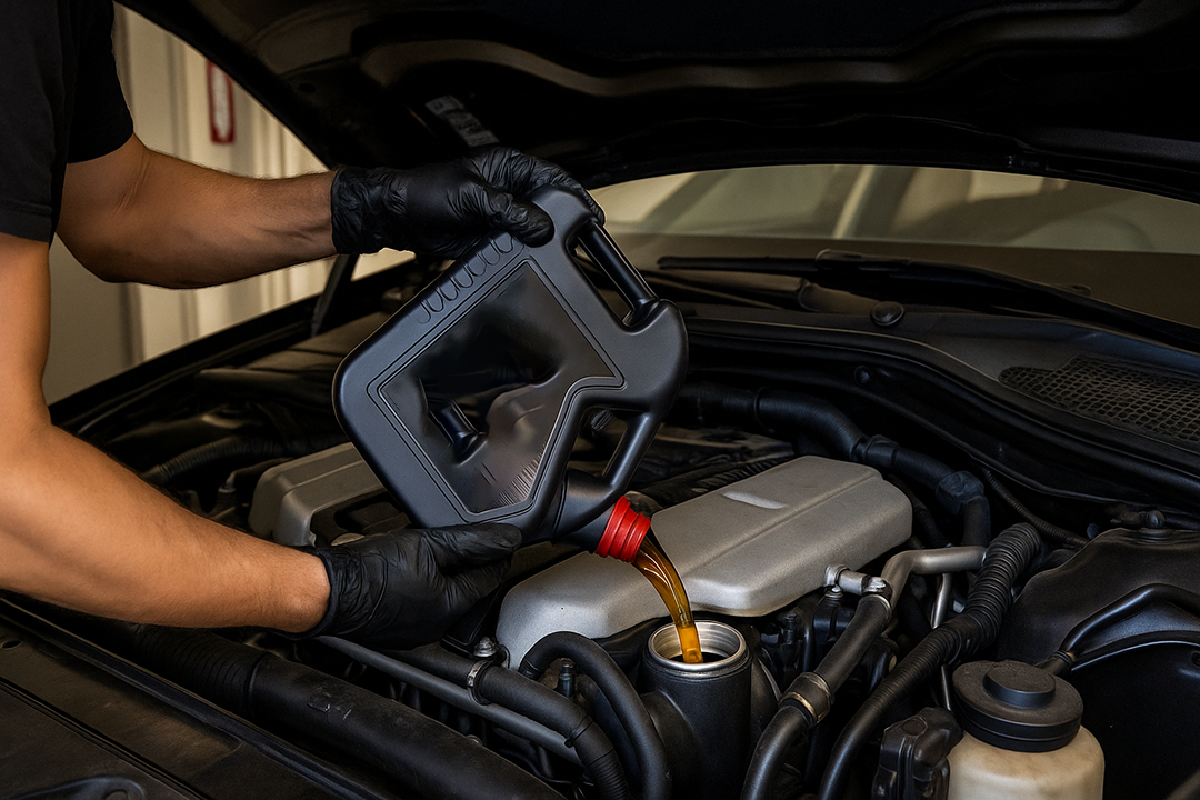 Mechanic performing an oil change on a European car engine at Eurox Performance in Colorado